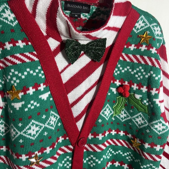 Blizzard Bay Christmas Sweater Bow Tie Candy Cane Striped Size M Festive Bright - Picture 4 of 8